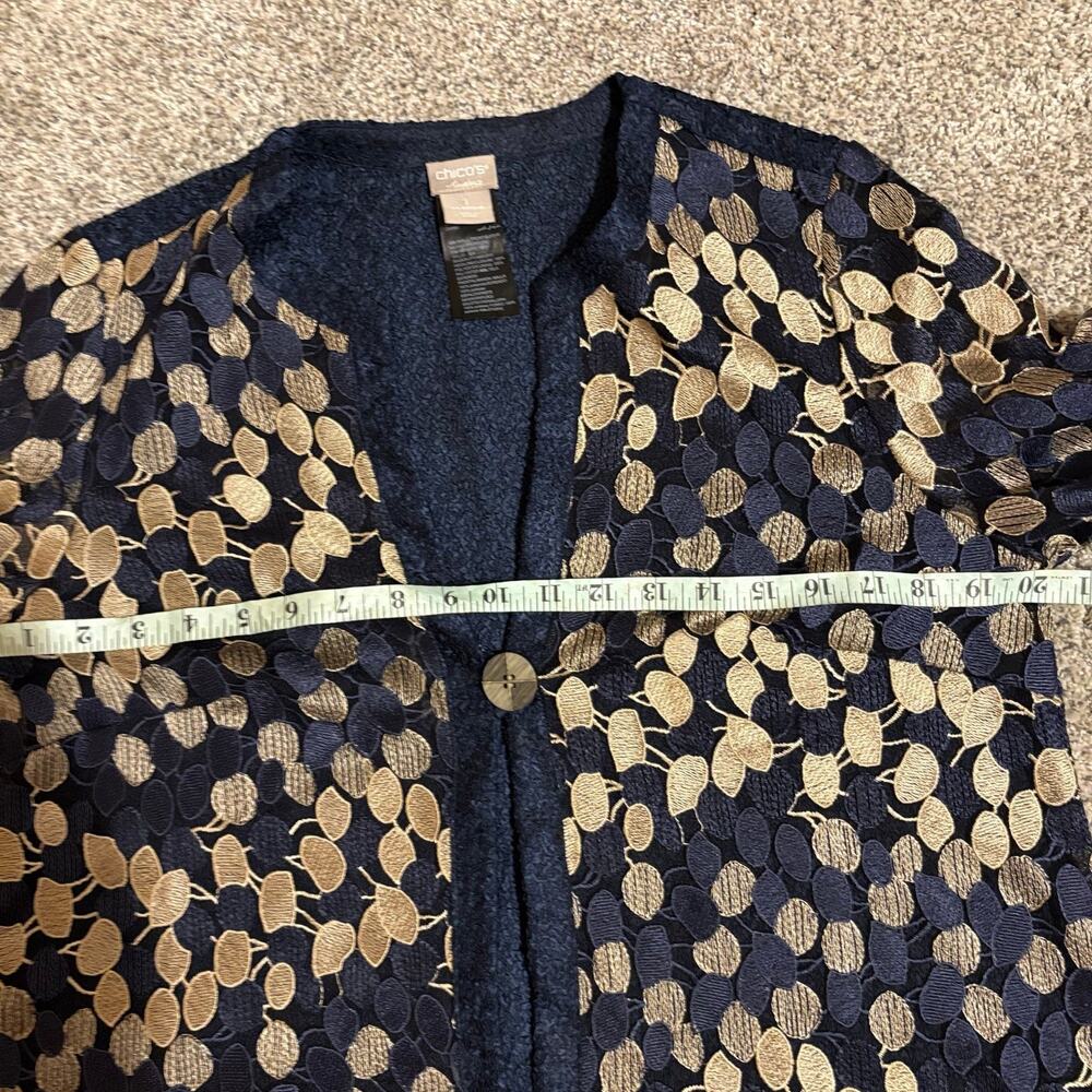 Chico’s Travelers Jacket Cardigan Women’s Sz 1 / L Navy Gold Embroidered Sheer - Picture 5 of 11